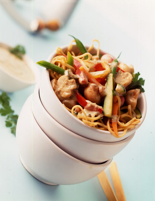 Spicy Noodles with Spring Vegetables and Spicy Peanut Sauce - Vegetarian Society