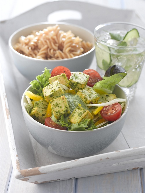 Zesty Pesto Tofu with Mediterranean Salad - Vegetarian Society