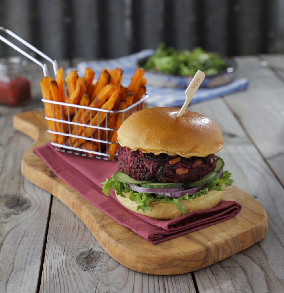 Rainbow Burger with Sweet Potato Fries - Vegetarian Society