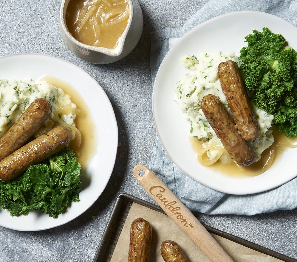 Bangers & Garlic Herb Mash with Onion Gravy - Vegetarian Society