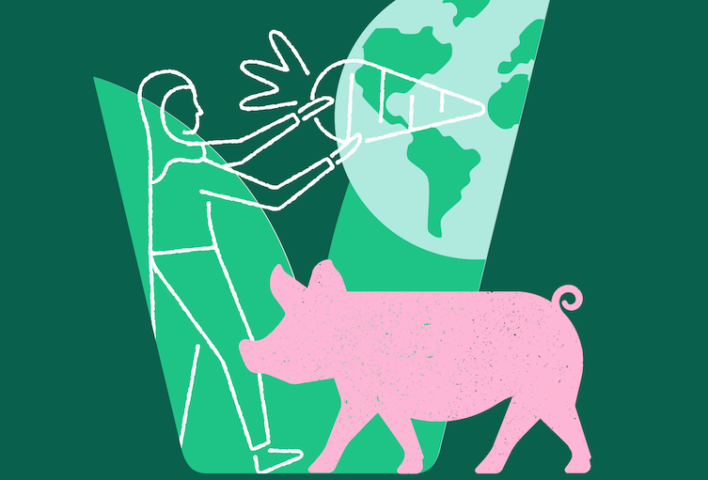 Vegetarian Society logo with pig, vegetables and the planet