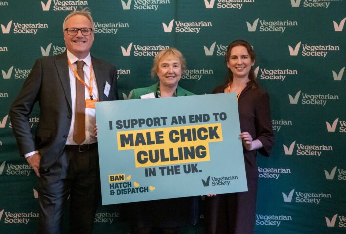 Vegetarian Society CEO, Richard McIlwain with Irene Campbell MP (centre) and Jenny Canham, Vegetarian Society Public Affairs Lead.