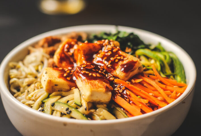 Crispy Wild Mushroom and Korean Barbecue Tofu Bibimbap